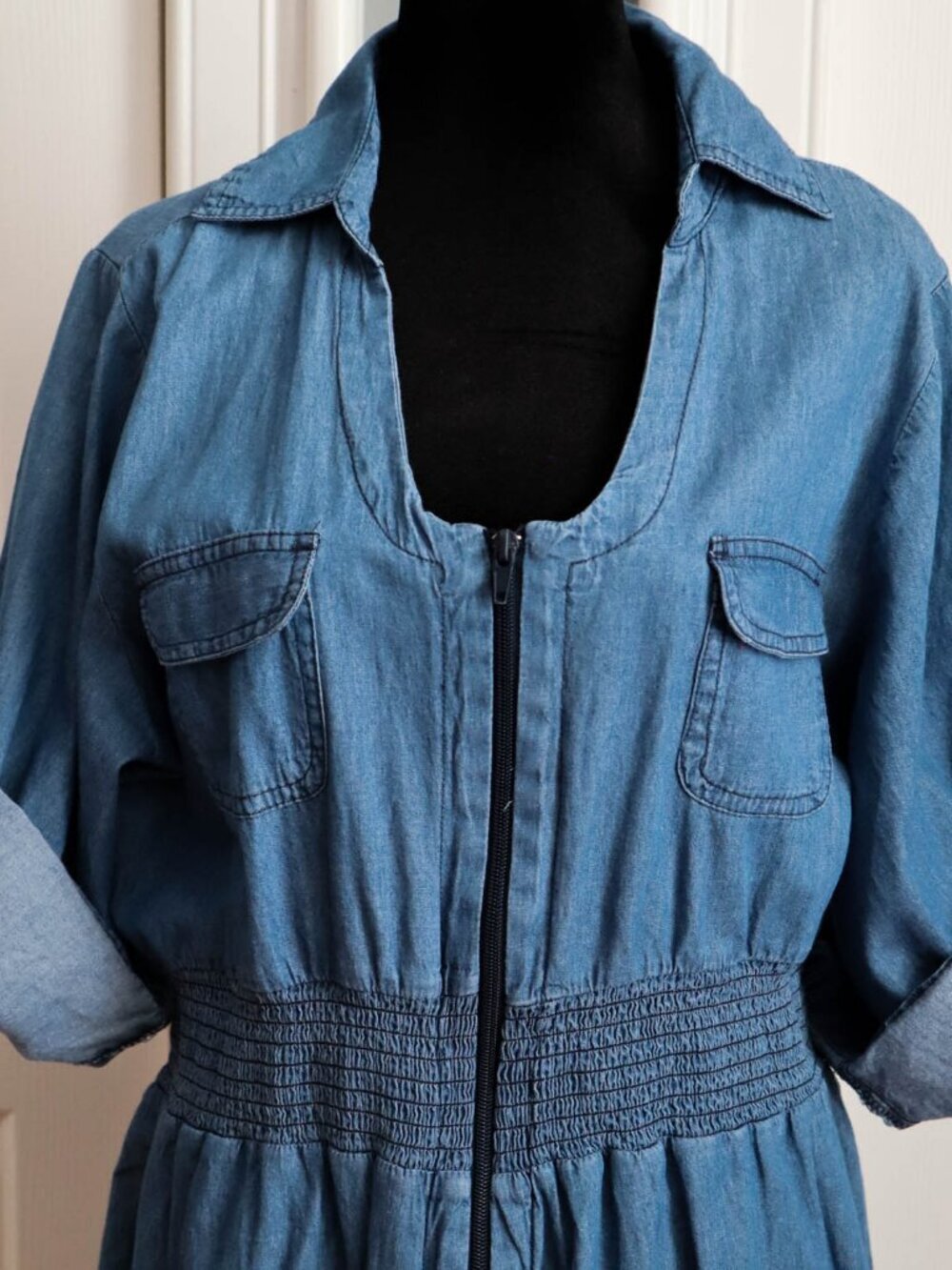 Kings Road Zip Up Chambray Denim Midi Dress Knee Length Plus Size 1x Boho - Picture 2 of 8